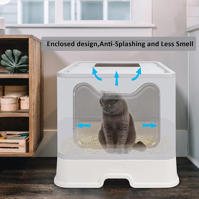 Foldable Cat Litter Box with Lid, Enclosed Potty, Large Top Entry Anti-Splashing Toilet, Easy to Clean Including Litter Scoop and 2-in-1 Cleaning Brush (Grey)-Mewly Pet