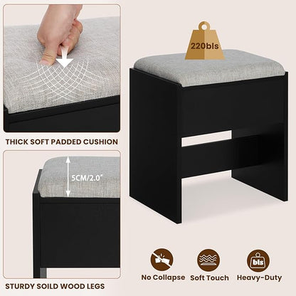 Quimoo Makeup Vanity with 10 Light Bulbs and Charging Station, Vanity Desk with Lighted Mirror & 4 Drawers, Vanity Table Set with Cushioned Stool,Black