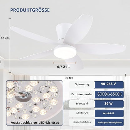 Ceiling Fans with Lights-36 Low Profile Ceiling Fan with Light and Remote/APP Control,Flush Mount,DC Reversible,LED Dimmable Modern Ceiling Fans for Bedroom,Indoor/Outdoor Patio Use(White)