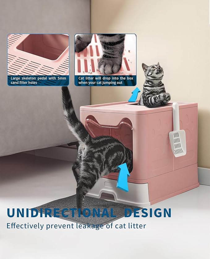 Cat Litter Box with Litter Mat and Scoop, Large Foldable Litter Box with Lid, Front Entry Top Exit Kitty Box, Odor Control, Easy to Clean (Pink)-Mewly Pet