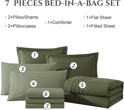 Monbix Full Comforter Set - 7 Pieces Olive Green Bed in a Bag Full Size Bedding Sets with Comforters, All Seasons Down Alternative Comforter with Sheets,Pillowcases & Shams