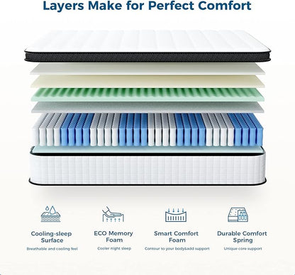 Inofia 10 Inch Queen Hybrid Double Mattress in a Box - Medium Firm, Memory Foam & Pocket Springs, Fiberglass Free, Motion Isolation, Pressure Relief, Edge Support, 10-Year Support, CertiPUR-US