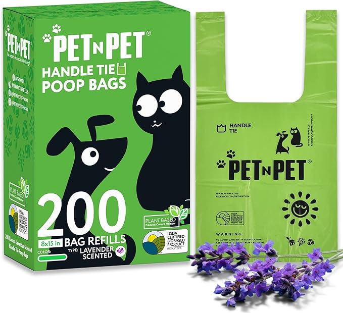 Pet N Pet 200 Counts Lavender Scented Dog Poop Bags Rolls with Tie Handles, 38% Plant Based & 62% PE Poop Bags for Dogs, Extra-Thick Doggie Poo Bag, Pet Waste Bag-Mewly Pet