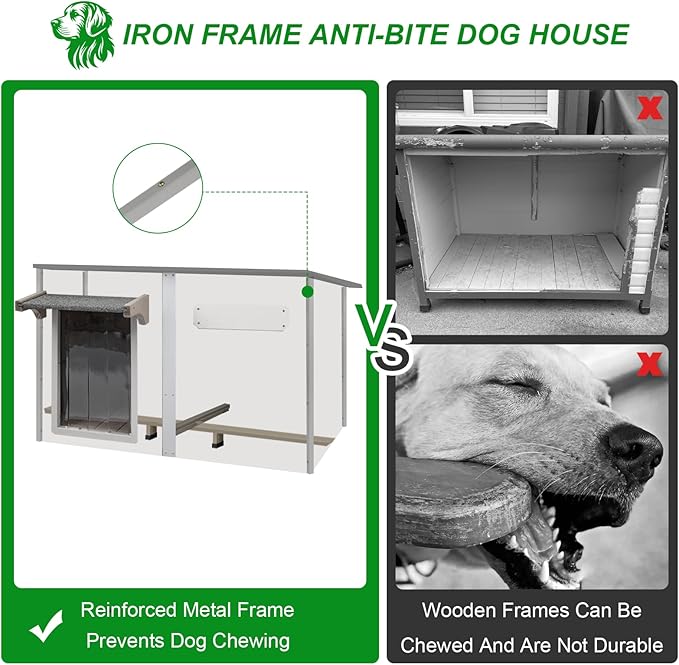 Dog House Outdoor Weatherproof & Wooden Dog Kennel with Chew-Proof Iron Frame，Removable Floor, Adjustable Vent Window, Easy Assembly for Large and Extra-Large Dogs 55.1" D x 33.1" W x 34.8" H-Mewly Pet