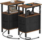 2 Set Narrow Side Table for Small Spaces, Skinny End Table with Charging Station, Sofa Beside Table with 2 Drawers 1 Open Compartment, Slim Nightstand with USB Ports Outlet, Rustic and Brown UTBT004F2