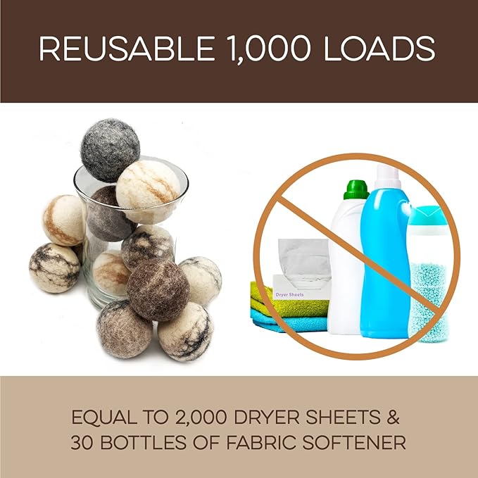 Fluff Ewes Wool Dryer Balls 3 Pack Premium New Zealand Wool Laundry Balls for Dryer, No Static Dryer Balls Laundry Reusable Cute, XL Wool Dryer Balls Cute, Baby Dryer Balls for Dryers - Marble-Mewly Pet