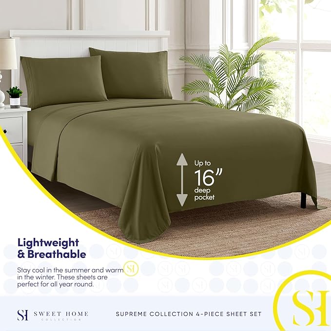 Queen Size Bed Sheets - Breathable Luxury Sheets with Full Elastic & Secure Corner Straps Built In - 1800 Supreme Collection Extra Soft Deep Pocket Bedding Set, Sheet Set, Queen, Olive