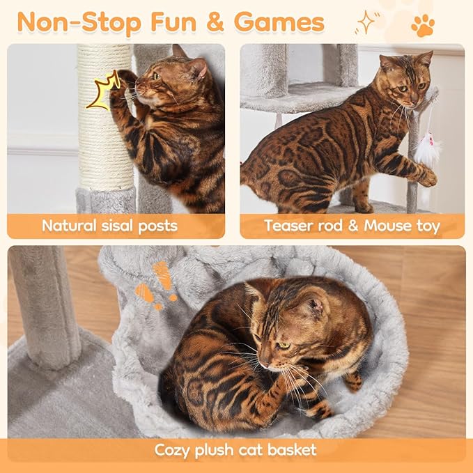 Taoqimiao 71 Inches Cat Tree for Indoor Cats Large Adult, Multi-Level Tall Cat Tower, 2 Cat Condo with 6 Scratching Posts, Super Large Hammcock, Cat Toys, Cozy Basket, Light Gray, MS037W-Mewly Pet