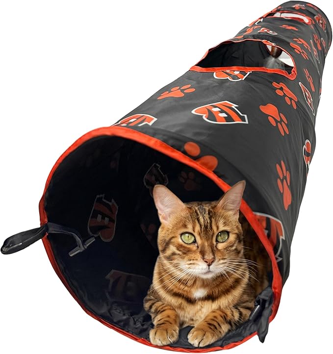 NFL Cincinnati Bengals Cat Tunnel Tube Toy with Plush Football Catnip and Feathers Collapsible Tunnel for Cats to Play, Peek and Hide, Sporty & Fun Cat Tunnel Toy with Team Logo All-Over Design!-Mewly Pet