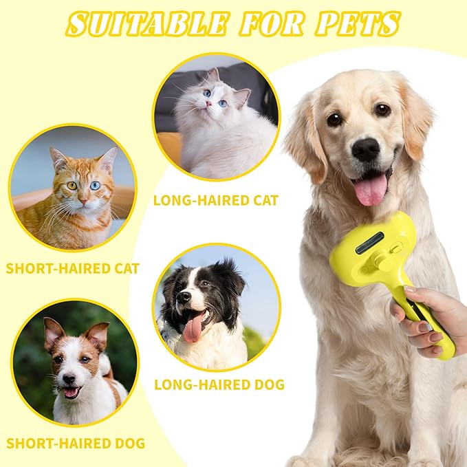 QOQ Self-Cleaning Spray Cat Brush for Shedding, Removes Static Flying Hair, and Works Wonders for Both Long and Short-Haired Pets 2 In 1 Cleaning Brush for Cats And Dogs Grooming (Yellow)-Mewly Pet