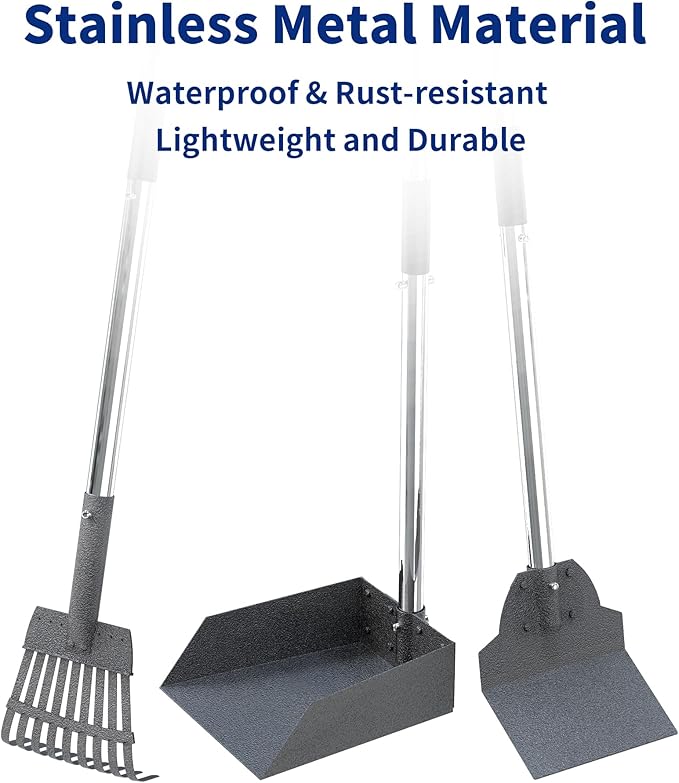 Dog Pooper Scooper Set, Stainless Metal Tray Rake Spade 3 Pack, Long Handle Pet Waste Scooper for Large Medium Small Dogs, Heavy Duty Poop Scooper for Yard, Grass, Dirt or Gravel-Mewly Pet