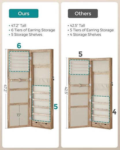 SONGMICS 6 LEDs Mirror Jewelry Cabinet, 47.2-Inch Tall Lockable Wall or Door Mounted Jewelry Armoire Organizer with Mirror, 2 Drawers, Christmas Gift, 3.9 x 14.6 x 47.2 Inches, Toasted Oak Color