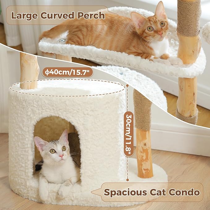 PAWZ Road Cat Tree for Indoor Cats Large Adults,38 Inches Modern Cat Tree Tower with Spacious Wicker Basket,Natural Solid Wood Scratching Posts,Curved Bed,Luxury Cat Condo for Large Cat-Mewly Pet