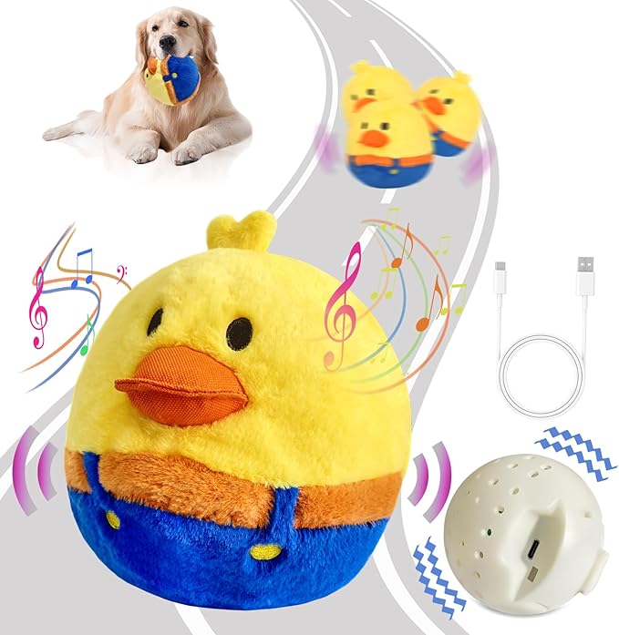 Rechargeable Interactive Moving Dog Toys, Automatic Crazy Jumping Duck for Boredom, Attractive Squeaky Plush Duck Covers A Talking Bouncing Ball with Recording Playback, Puppy Toys to Keep Them Busy-Mewly Pet