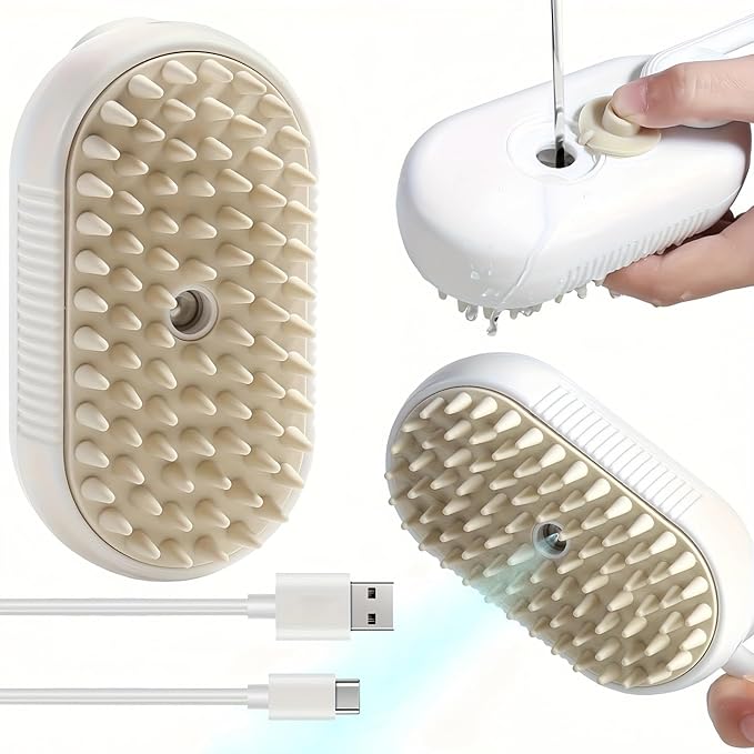Cat Steam Brush for Shedding, 4 in 1 Cat Steam Brush for Massaging and Cleaning Shedding Pets, Anti Static Pet Hair Cleaning Comb, for Long and Short Hair Cats and Dogs Grooming Tool (White)-Mewly Pet