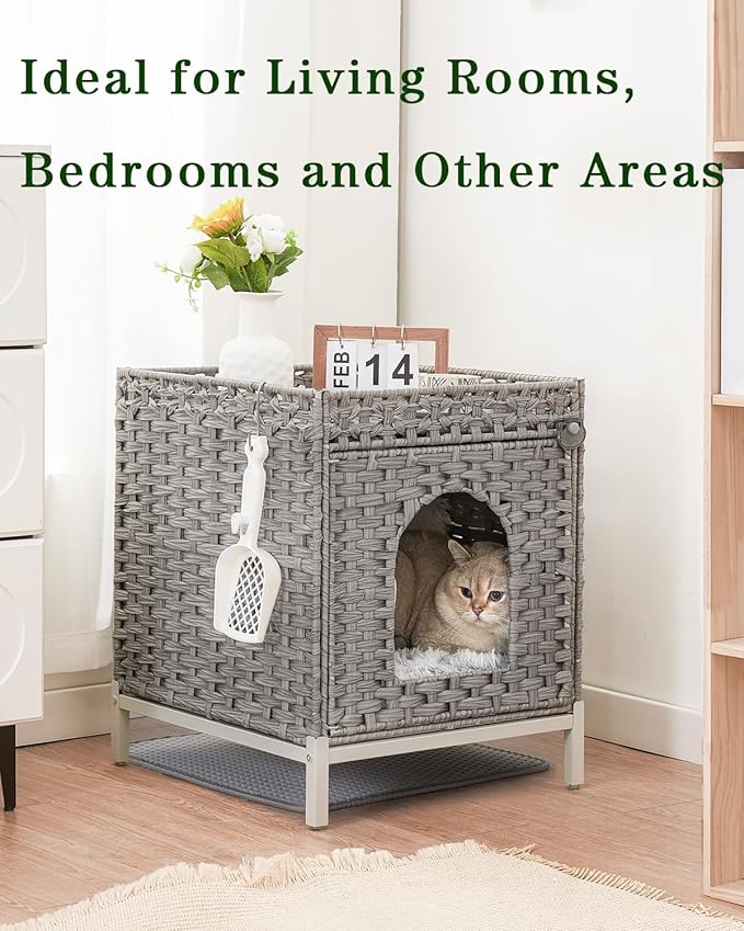 Cat Litter Box Enclosure Hidden Litter Box Furniture with Metal Heightened Feet, Rattan Handwoven Cat House with Litter Mat, Hidden Litter Box Furniture for Bedroom Living Room Gray-Mewly Pet