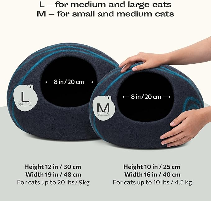 MEOWFIA Cat Cave – Premium Felt Cat Bed for Indoor Cats, Handmade 100% Merino Wool (Medium, Black Aqua)-Mewly Pet