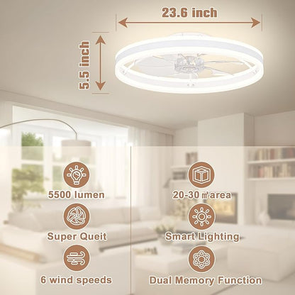 VOLISUN Low Profile Ceiling Fans with Lights and Remote, 23.6in Flush Mount Ceiling Fans with Light, 3000K-6500K Dimmable Fandelier LED Fan Light, White Bladeless Ceiling Fans with Lights for Bedroom