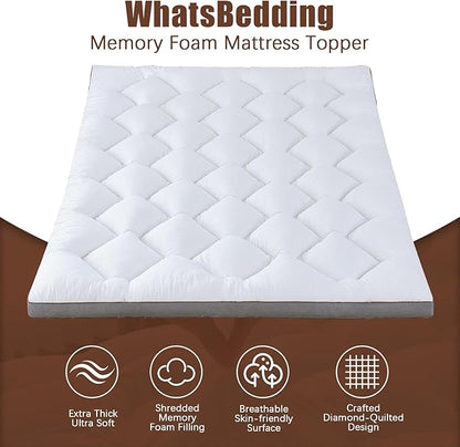 WhatsBedding 4 Inch Memory Foam Mattress Topper King Size for Pressure Relief, Extra Soft and Breathable Pillow Top Mattress Topper with 3D air mesh, Fluffy Shredded Memory Foam Filled，80 * 78 * 4in
