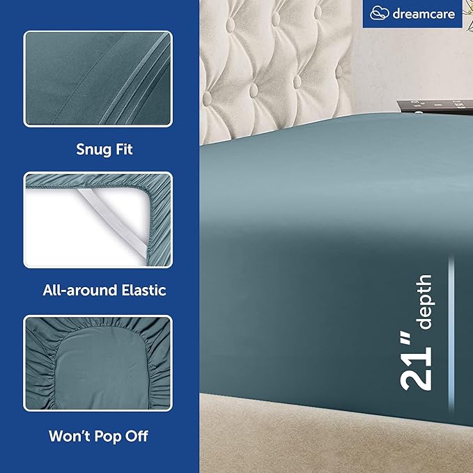DREAMCARE King Size Sheets Set – 4 pcs Cooling Sheets – up to 21” Deep Pocket King Sheet Set – Hotel Luxury Sheets & Pillowcases – Superior Softness 100% Microfiber with Side Pocket - Mineral Blue