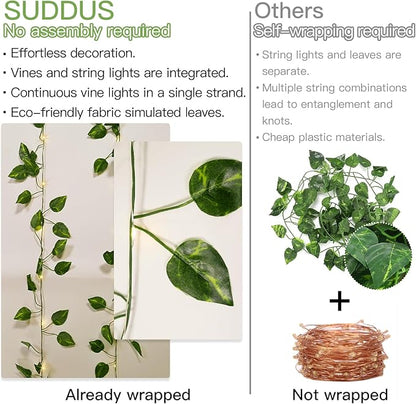 suddus Solar Fairy Lights, 33ft 100 Led Pothos Leaf Solar String Lights Outdoor Waterproof, 8 Modes Vines with Lights for Balcony, Deck, Patio, Garden, Fence,Wedding (Warm White)