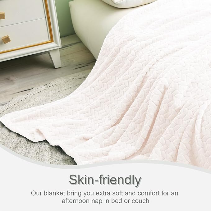 Exclusivo Mezcla Fleece Twin Size Blanket for Bed, 90x66 Inches Soft Cozy Jacquard Flannel Blankets, Lightweight Fuzzy Plush Warm for Winter, Off White