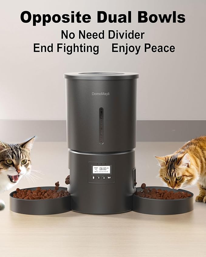 Automatic Dual Cats Feeder for 2 Cats,6 Meals/Day,12 Portions/Meal,Dual Power Auto Pet Feeder Dry Food Dispenser,Flexible Schedule Timer 10S Voice Record (Black, ABS Dual Bowls)-Mewly Pet