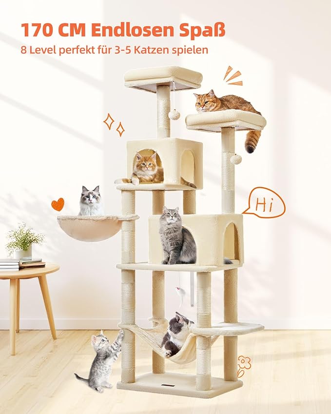 Taoqimiao Cat Tree, 66.2-Inch Cat Tower for Indoor Cats, Plush Multi-Level Cat Condo with 7 Scratching Posts, 2 Perches, 2 Caves, Hammock, 2 Pompoms, Beige MS013M-Mewly Pet