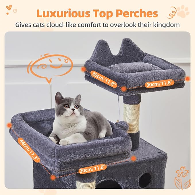 Taoqimiao Cat Tree 57.5-Inch, Cat Tower for Indoor Cats Large Adult, Extra Large Cat Condo, 8 Sisal Scratching Posts, Metal Frame Cozy Hammock, Durable Scratch Board, 2 Top Perches, Smoky Gray MS026G-Mewly Pet