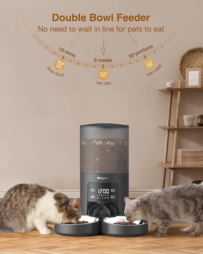 Automatic Cat Feeders - 6L Cat Food Dispenser with Double Bowls, Programmable Timed Feeder for Up to 6 Meals per Day with 10S Voice Recorder, Supports Dual Power Supply-Mewly Pet
