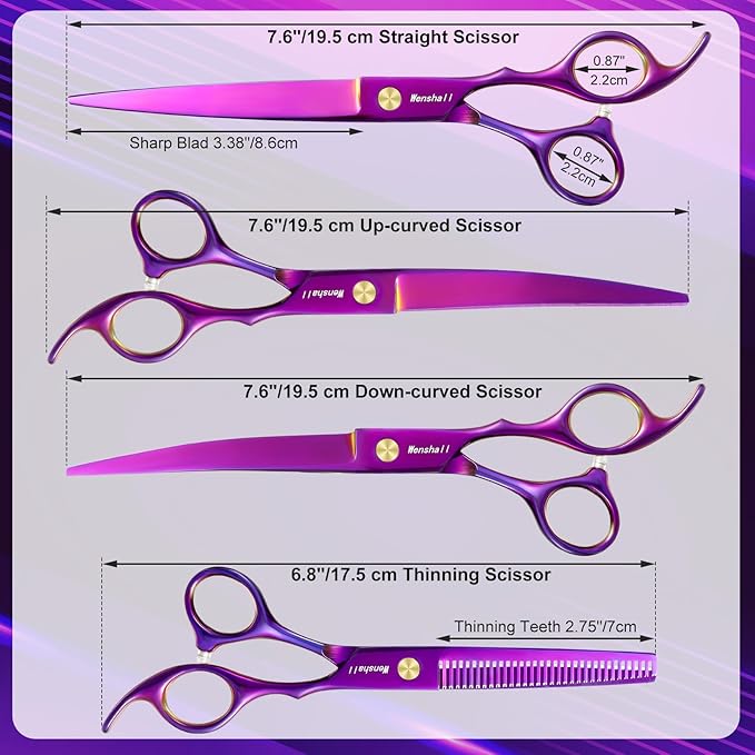 Professional Dog Grooming Scissors Set - 6.5" Thinning, 7" Straight, 7" Up-Curved, 7" Down-curved Scissors and Comb for Dog Cat Pet (Purple)-Mewly Pet