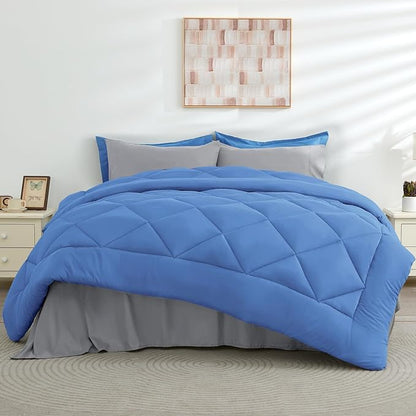 HEVUMYI Royal Blue & Light Grey Cali-King Comforter Set - 7-Piece All Season Bed in a Bag Cali-King, Ultra Soft Bedding Set with Comforter, Flat Sheet, Fitted Sheet, Pillowcases, Pillow Shams, Blue
