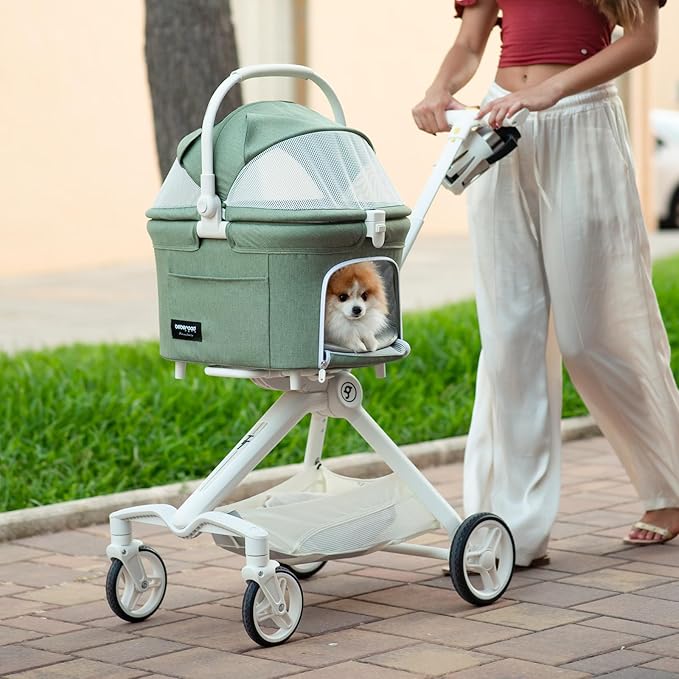 TT Lightweight Pet Stroller for Small Dog&Cat,One-Hand-Fold Pet Travel Stroller with Canopy and Cup Holder, 4-Way Convertible Carrier.Green-Mewly Pet