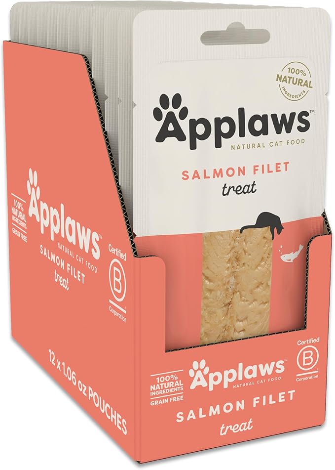 Applaws Natural Cat Treats, Grain-Free, High-Protein Whole Salmon Loins, Single-Ingredient Healthy Snack for Cats (12 x 1.06 oz Loins)-Mewly Pet