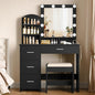 Quimoo Makeup Vanity with 10 Light Bulbs and Charging Station, Vanity Desk with Lighted Mirror & 4 Drawers, Vanity Table Set with Cushioned Stool,Black
