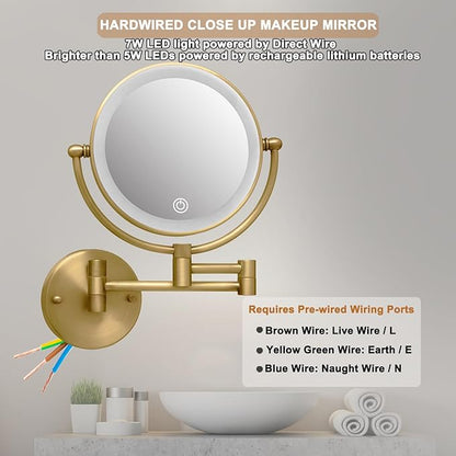 Wall Mounted Makeup Mirror with Light and Magnification, 7W Higher Brightness and Dimmable 1X/10X Double Sided Wall Magnified Mirror, Extending Vanity Mirror for Bathroom, Antique Brass Direct Wire