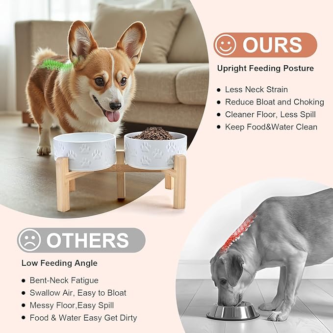 SPUNKYJUNKY Elevated Dog Bowls Ceramic, 6.1'' Dogs and Cat Food Water Bowls Raised with Non-Slip Bamboo Stand for Medium Sized Breed Microwave Dishwasher Safe - 28.7 OZ,Paw White-Mewly Pet