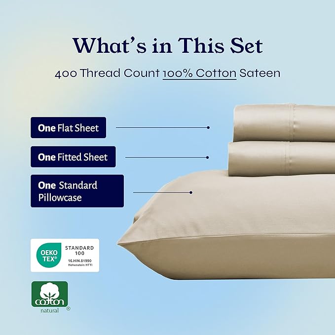 California Design Den Soft Twin Sheets Set - 400 Thread Count Sateen, Natural 100% Cotton Sheets, Deep Pockets, Cooling and Durable Bedding Set for Dorm Rooms & Adults - Beige (Golden Tone)