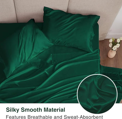 Love's cabin Twin Satin Sheet Set - 3 Piece Dark Green Silky Bed Sheets with Deep Pockets, Luxury Silk Feel Satin Twin Size Sheet Set Bedding Set (1 Flat Sheet,1 Fitted Sheet,1 Pillow case)