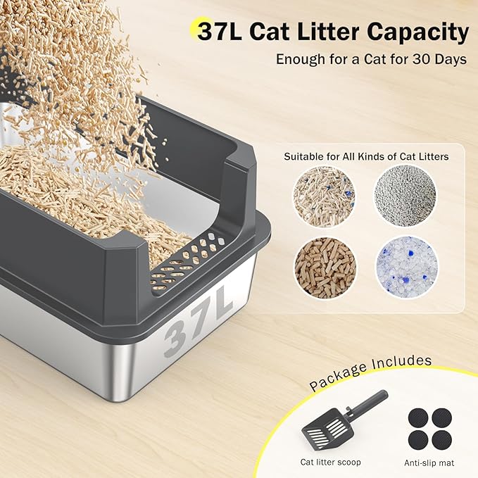Stainless Steel Litter Box, Extra Large Litter Boxes for Big Cats, XLarge Metal Cat Litter Box with Lid, Anti-Urine Leakage XL Box with High Sides, Easy Clean, Non-Sticky, Scoop Included-Mewly Pet