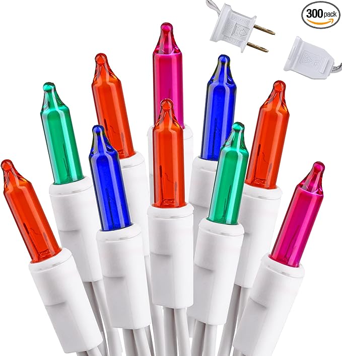 Brizled Colored Christmas Lights, 300 Count 69.6ft Incandescent Christmas Lights, Connectable 120V UL Certificated Xmas String Light, Mini Xmas Tree Light Set White Wire for Tree Holiday Party Decor