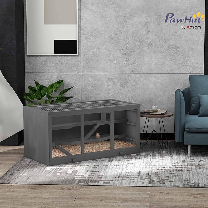 PawHut 45" Extra Large Wooden Hamster Cage, 3-Layer Chewproof Rat Cage with Opening Roof, Hut, Ramps, for Gerbil, Dwarf & Syrian Hamsters, Gray-Mewly Pet