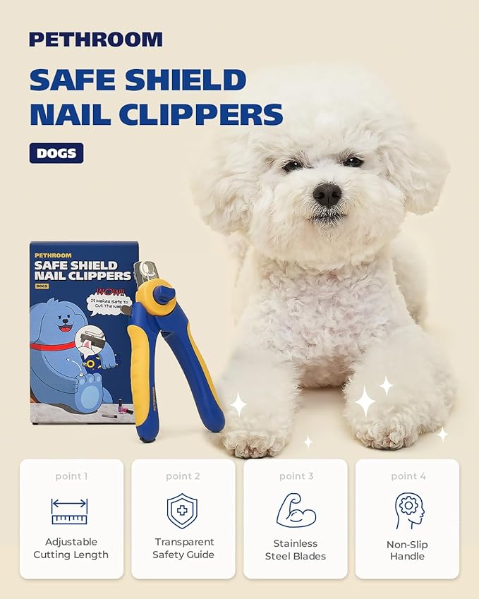 PETHROOM] Professional Dog Nail Clipper with Transparent Guard & Nail File | Adjustable Cutting Length (1-3mm) Sturdy, Durable Stainless Steel Blade | Nail Trimmer for Pets Avoid Overcutting-Mewly Pet