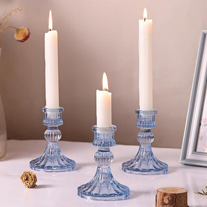 DARJEN 12PCS Blue Candlestick Holders Set- 4" H Taper Candle Holders, Glass Candle Holders Bulk for Wedding, Party, Home Table Centerpieces, Festival Gifts & Windowsill Decor