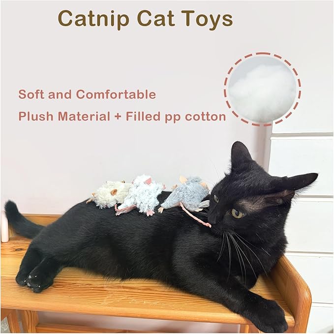 Catnip Cat Mice Toy,3 Pcs Plush Cats Nip Mouse Toys for Teeth Cleaning Chew Kitten Kicker Toy with Crinkle & Bell Cat Interactive Catnip Toys for Indoor Kittens Play Fetch-Mewly Pet