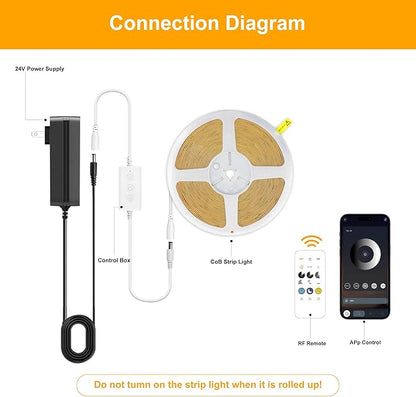 COB LED Strip Lights Warm White,24V Dimmable led Light Strip KIT with Remote and app Control,3000K 9.84FT/3m 8mm Wide Ra>90 Cuttable Flexible Strip Lights for Bedroom,TV Lights,Cabinet
