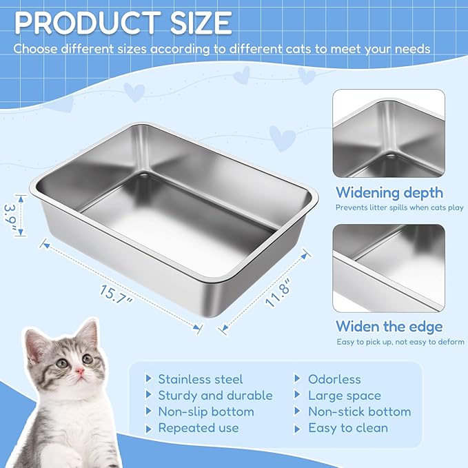 LIHONG Stainless Steel Cat Litter Box for Cat and Rabbit, Odor Control Litter Box Non Slip Rubber Feet. Odor Control, Non Stick, Never Bend 16" L x 12" W x 4" H-Mewly Pet