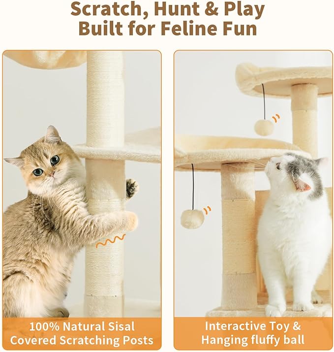 Made4Pets Tall Cat Tree, 80" Cat Tree Tower for Indoor Cats Large Adult, Modern Cat Tower with Scratching Post, Cozy Hammock, 3 Perches and 2 Condos, Sturdy and Fluffy, Beige-Mewly Pet