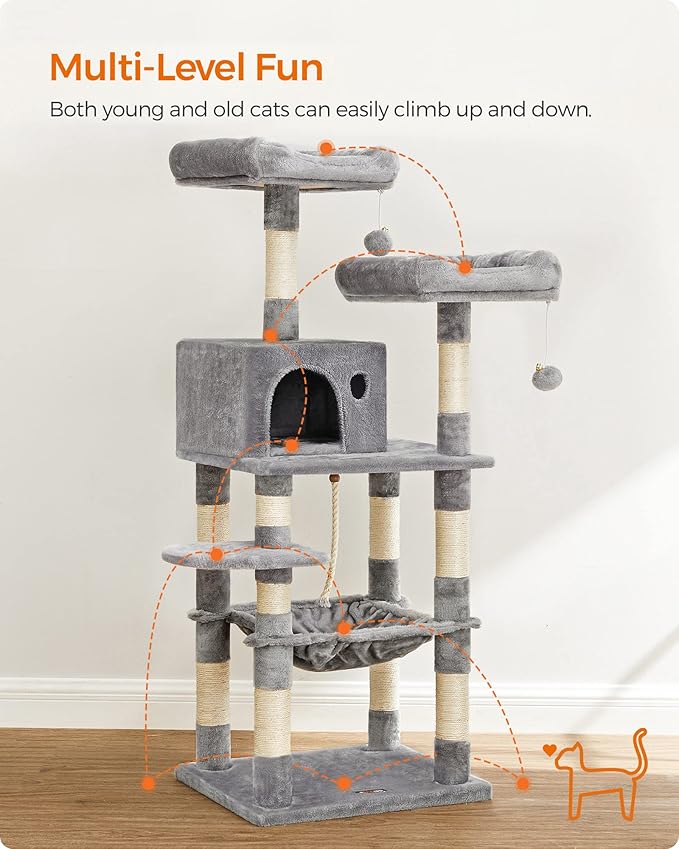 FEANDREA Cat Tree, Cat Tower for Indoor Cats, 56.3-Inch Cat Condo with Scratching Posts, Hammock, Plush Perch, Light Gray UPCT15W-Mewly Pet