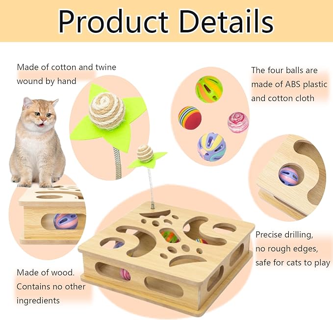 Interactive Wooden Cat Puzzle Toy Box Indoor Hunting Play Toy to Stimulate Your Cat’s Energy and Instincts (Burlywood)-Mewly Pet